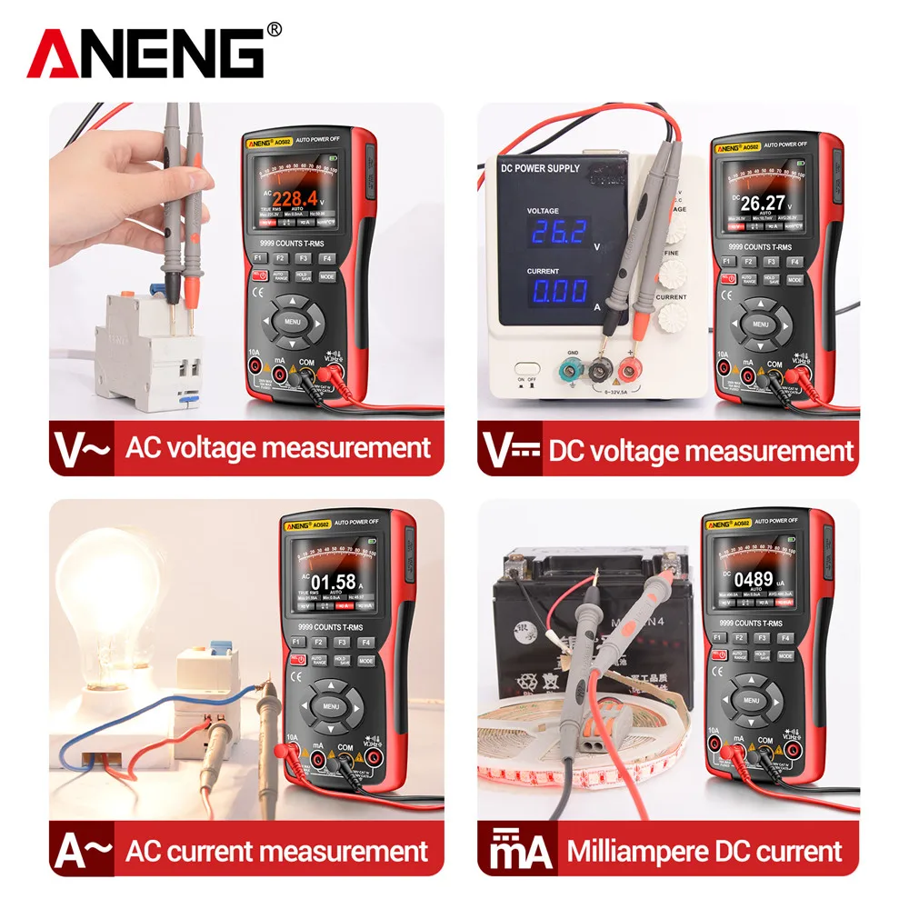 ANENG-Oscilloscope numérique AOS02, test de transistor, multimètre, taux d'échantillonnage 48ms, 10 MHz, bande passante analogique, prise en charge du stockage de formes d'onde – Image 4