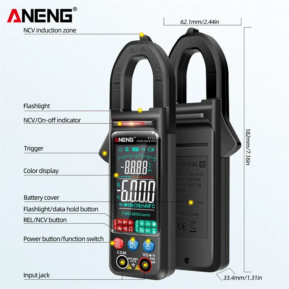ANENG - ST212 -Pince ampèremétrique numérique, multimètre, testeur de tension, affichage LCD à plage automatique, courant CC et CA, NCV, Ohm, 6000 points, 400A – Image 6