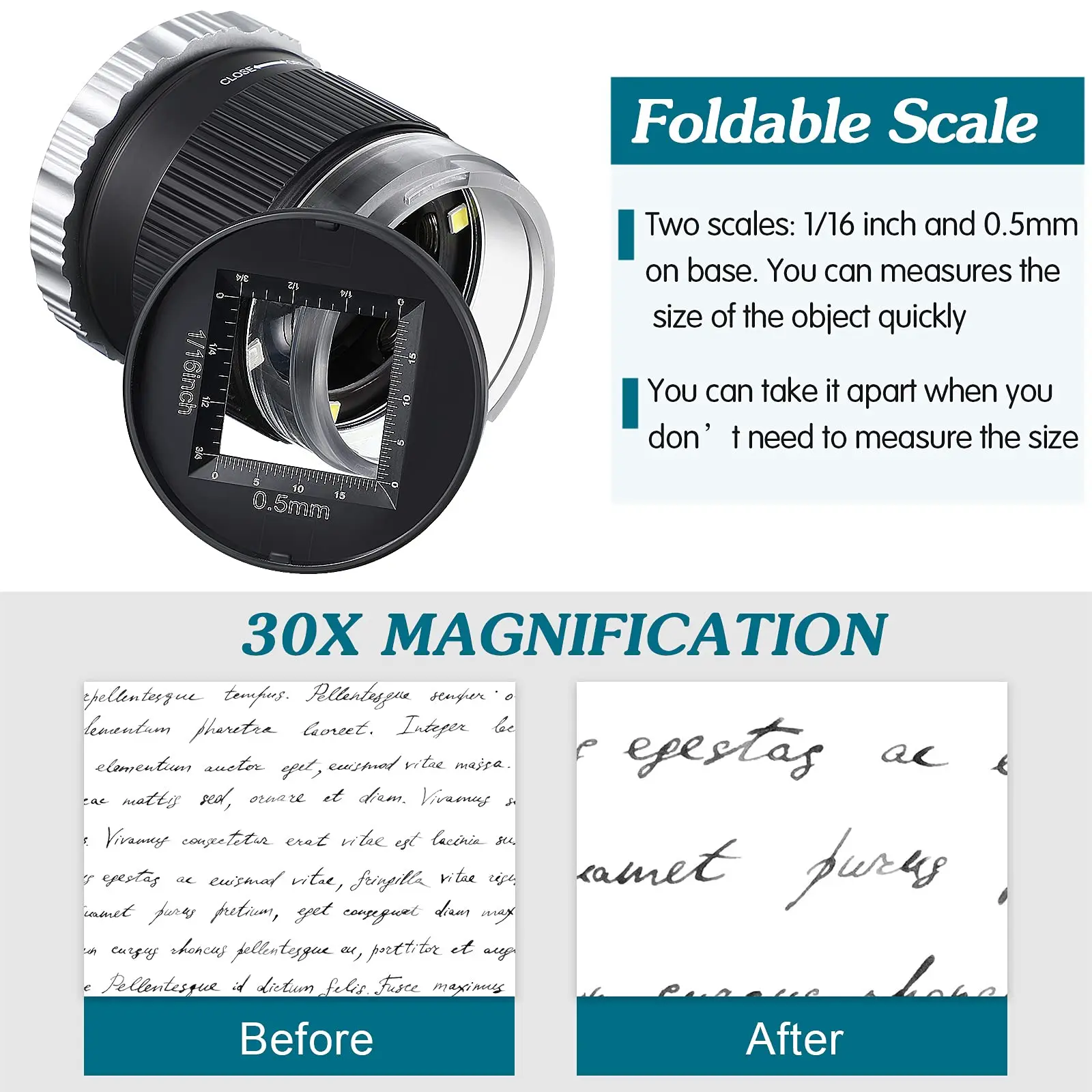 Loupe portative 30X avec échelle LED lumière UV Loupe cylindrique réglable focale HD Loupe bijoux outil lecture Loupe – Image 4