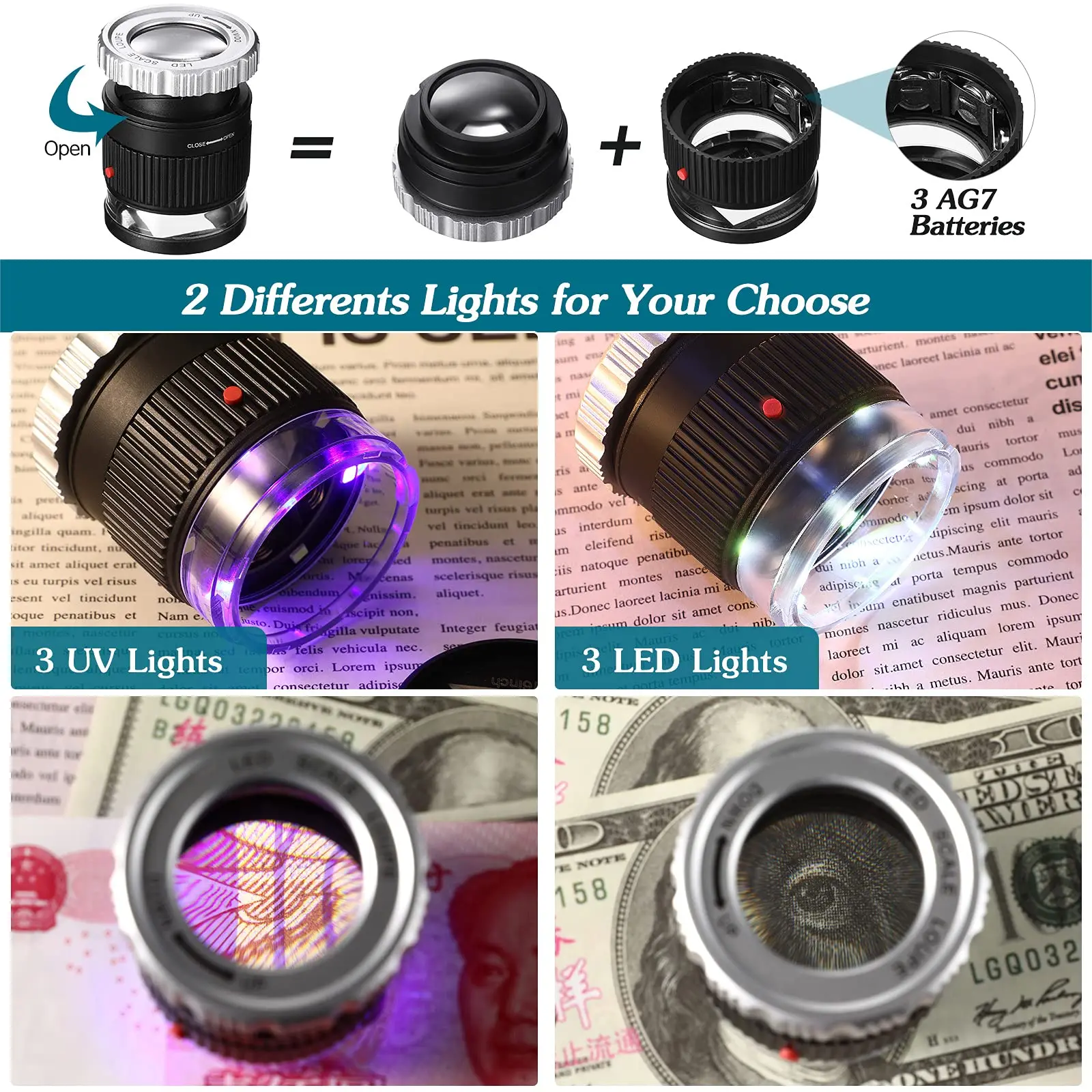 Loupe portative 30X avec échelle LED lumière UV Loupe cylindrique réglable focale HD Loupe bijoux outil lecture Loupe – Image 6